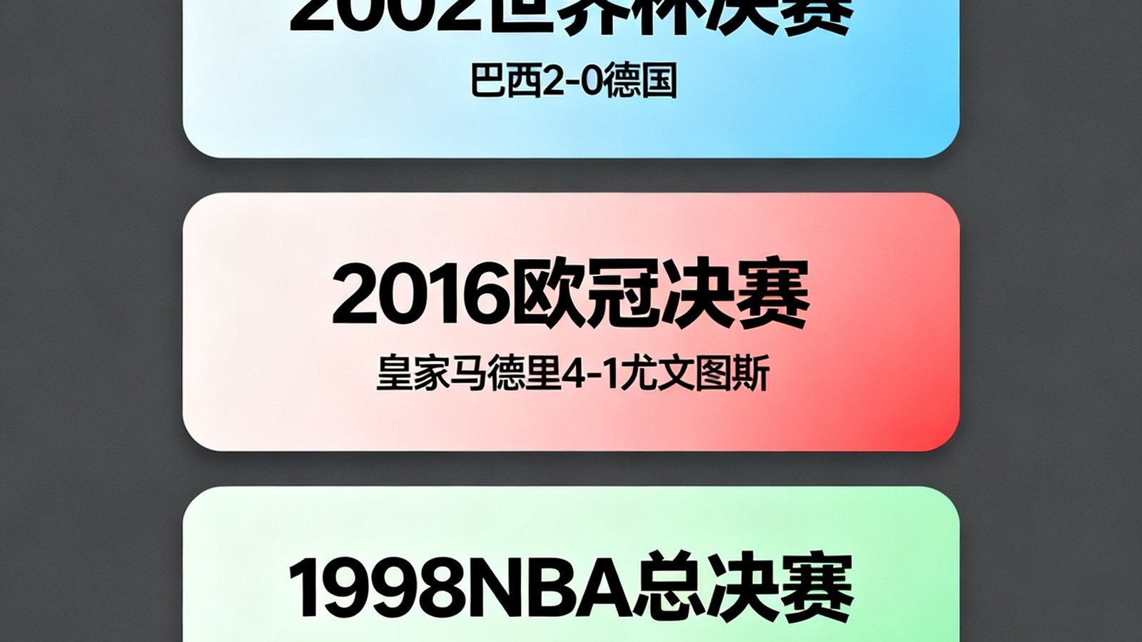 经典赛事库列表，包含2002世界杯决赛、2016欧冠决赛、1998NBA总决赛等
